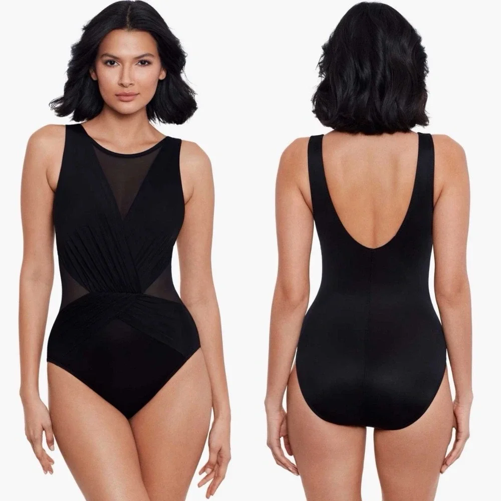 Miraclesuit Women's Size 12 / 14 ?‎ Black Palma Deep V One Piece Swimsuit